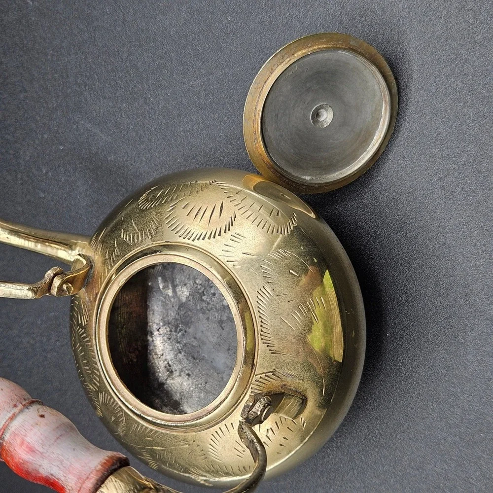Vintage Etched Brass Miniature Teapot Tripod Feet Wood Handle Decorative 4.5in